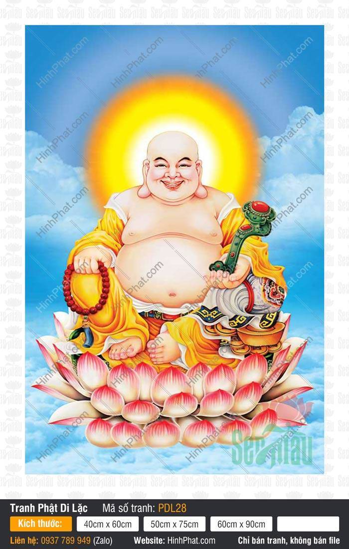 Hình Phật Di Lặc kích thước lớn PDL28 Hình Phật Di Lặc kích thước lớn PDL28 ngự trên đài sen hồng giữa nền trời xanh nắng vàng