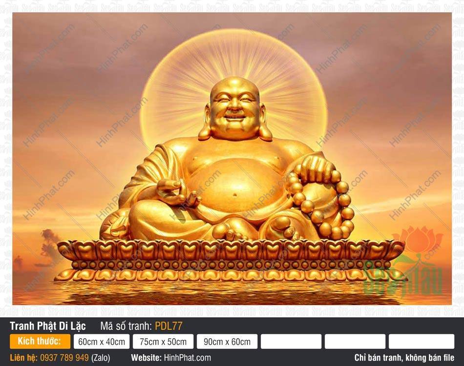Phật Di Lặc PDL77 Phật Di Lặc PDL77 tôn tượng Ngài ngồi trên đài sen vàng giữa hào quang tỏa tia rực rỡ
