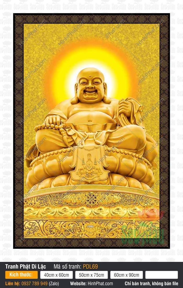 Tranh Phật Di Lặc Đẹp nhất PDL69 Tranh Phật Di Lặc Đẹp nhất PDL69 tôn tượng vàng kim vác túi vải ngự tòa sen hào quang rạng rỡ