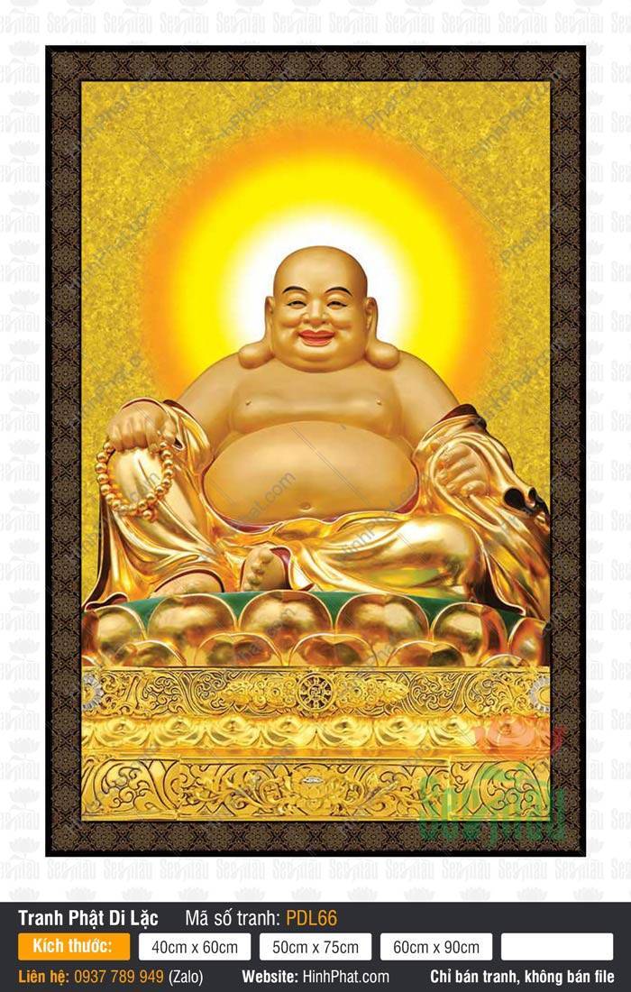 Tranh Phật Di Lặc PDL66 Tranh Phật Di Lặc PDL66 ngự trên tòa vàng với ánh hào quang rạng rỡ và khuôn mặt từ bi