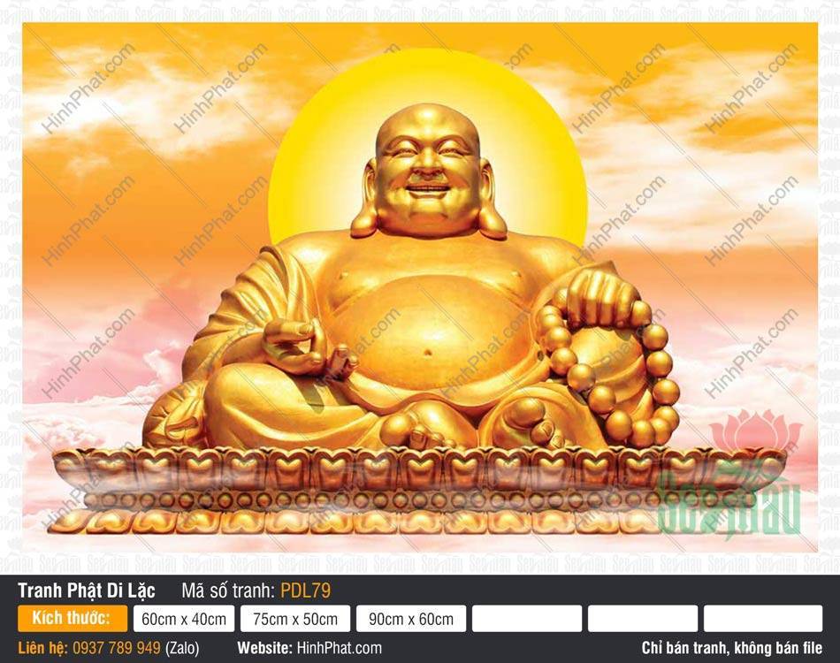 Tranh Phật Di Lặc kích thước lớn PDL79 Tranh Phật Di Lặc kích thước lớn PDL79 khắc họa Ngài cầm tràng hạt tọa tòa sen giữa trời ráng vàng