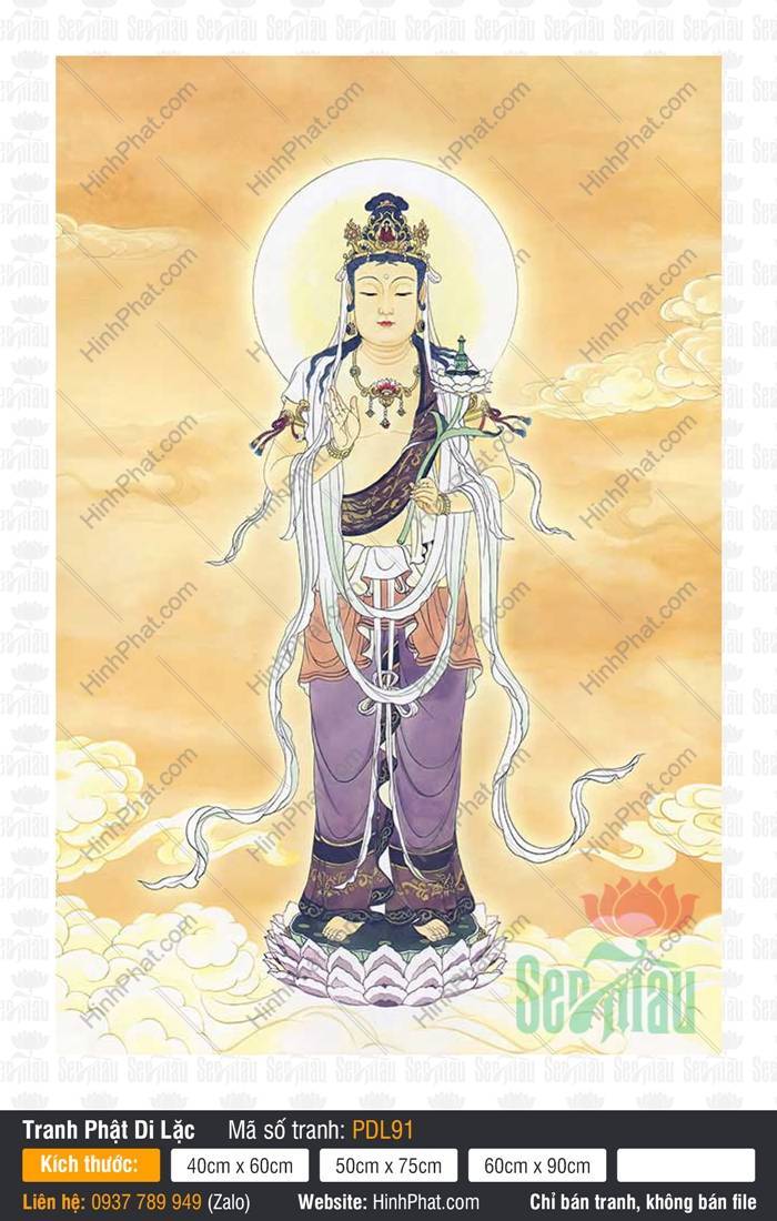 Tranh Phật Di Lặc kích thước lớn PDL91 Tranh Phật Di Lặc kích thước lớn PDL91 đứng trên đài sen tay cầm đóa hoa sen thanh khiết