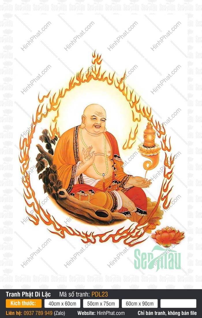 Hình Ảnh Đức Phật Di Lặc PDL23 Hình Ảnh Đức Phật Di Lặc PDL23 ngự tọa trên bệ gỗ nâu bao quanh bởi vòng hào quang lửa