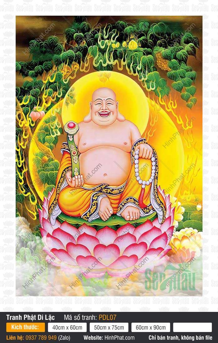 Hình Phật Di Lặc PDL07 Hình Phật Di Lặc PDL07 an tọa trên tòa sen hồng dưới tán cây Bồ Đề xanh mát rực rỡ
