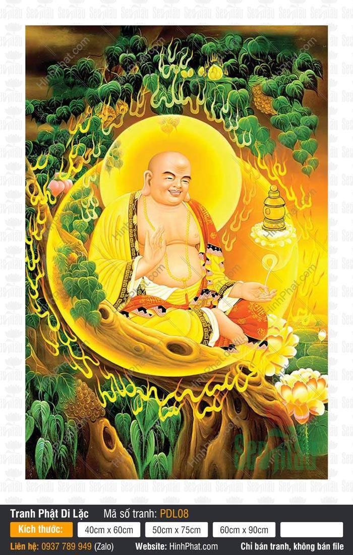 Hình Phật Di Lặc Đẹp PDL08 Hình Phật Di Lặc Đẹp PDL08 miêu tả Ngài mỉm cười ngồi tựa gốc cây cổ thụ