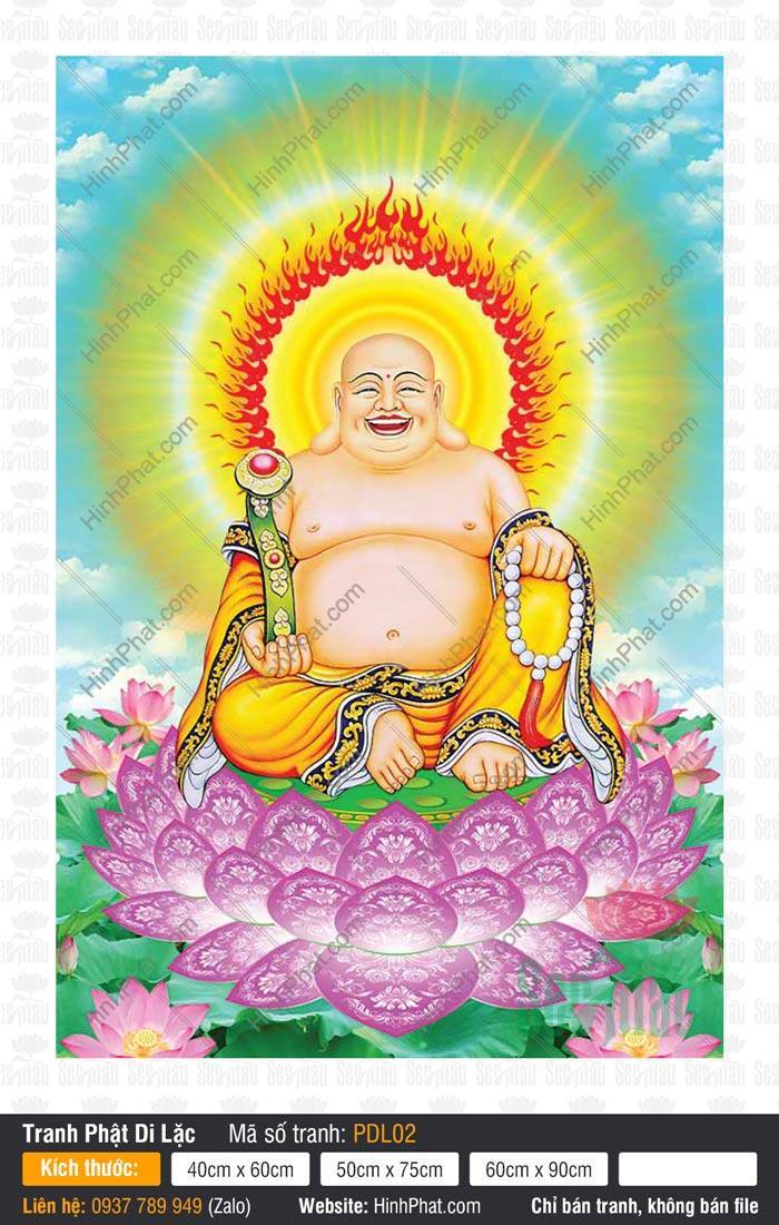 Tranh Phật Di Lặc PDL02 Tranh Phật Di Lặc PDL02 miêu tả Đức Phật Di Lặc cầm gậy Như Ý tọa đài sen hồng