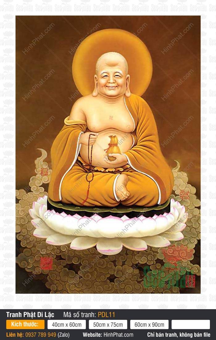Tranh Phật Di Lặc PDL11 Hình ảnh Tranh Phật Di Lặc PDL11 an tọa tòa sen trắng tay cầm túi tiền vàng