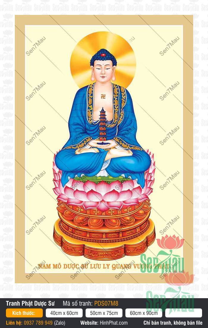 Đức Phật Dược Sư PDS07M8 Đức Phật Dược Sư PDS07M8 tôn tượng mặc y xanh lam bưng tháp báu tọa đài sen