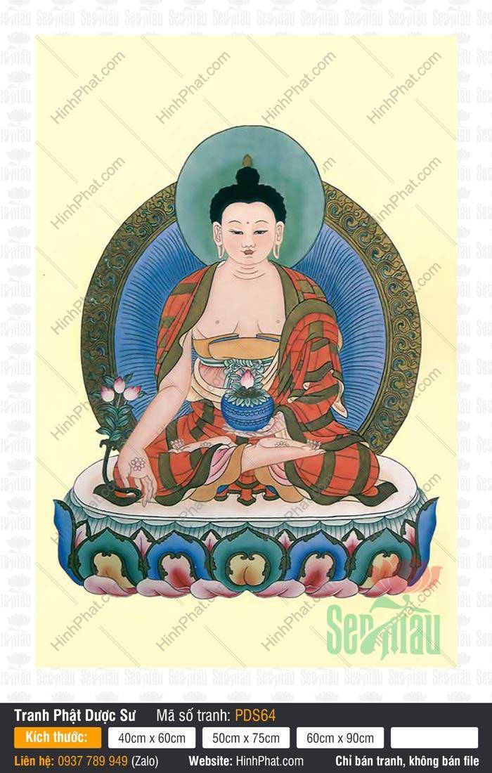 Đức Phật Dược Sư PDS64 Đức Phật Dược Sư PDS64 phong cách Thangka tay cầm bát báu tọa đài sen