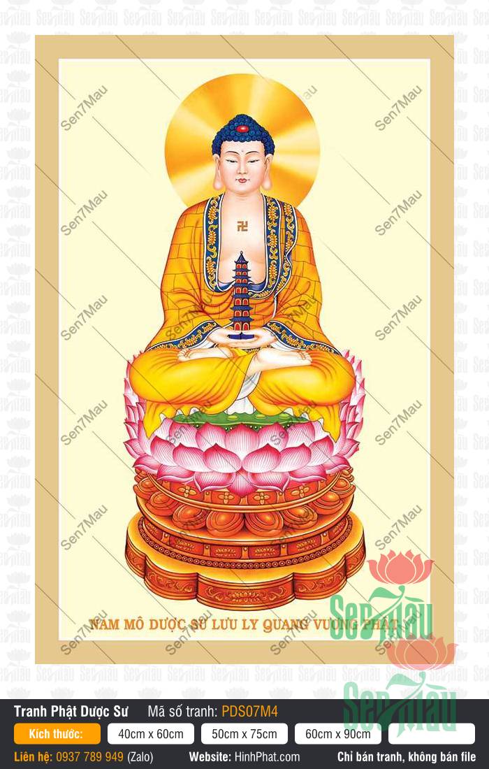 Dược Sư Lưu Ly PDS07M4 họa hình Đức Phật tọa thiền bưng tháp báu trên đài sen hồng