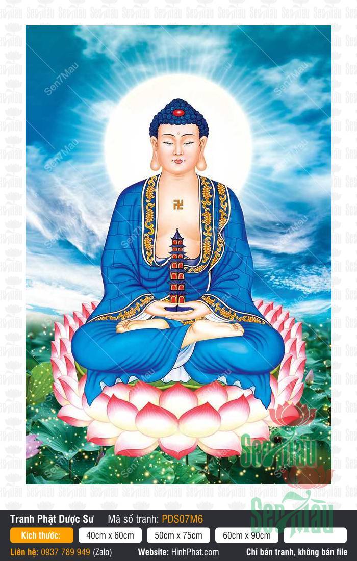 Dược Sư Lưu Ly Quang Như Lai PDS07M6 Hình Phật Dược Sư PDS07M6 mặc y bào xanh lưu ly nâng tháp bảo ngự trên đài sen hồng rực rỡ