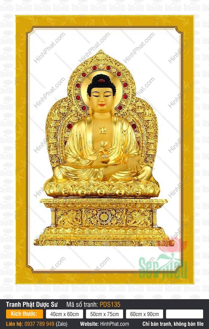 Dược Sư Lưu Ly Quang Như Lai PDS135 Tôn tượng Dược Sư Lưu Ly Quang Như Lai PDS135 dát vàng cầm nhành hoa hào quang đính ngọc