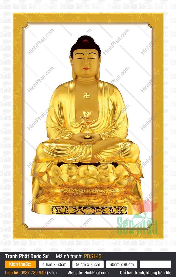 Dược Sư Lưu Ly Quang Như Lai PDS145 Tôn tượng Dược Sư Lưu Ly Quang Như Lai PDS145 dát vàng cầm nhành hoa ngự tòa sen rực rỡ