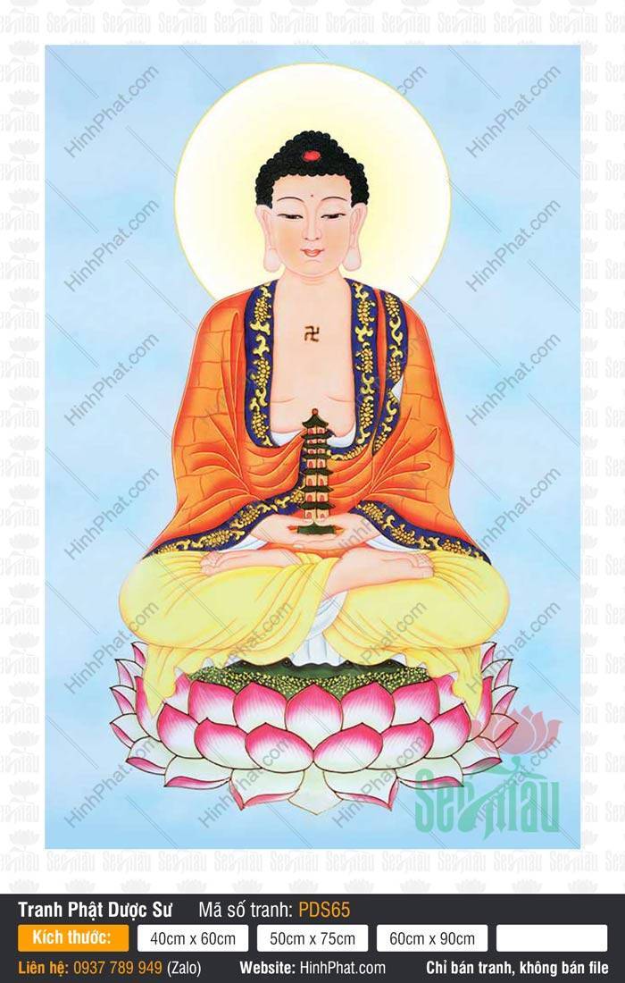 Dược Sư Lưu Ly Quang Như Lai PDS65 Hình tượng Dược Sư Lưu Ly Quang Như Lai PDS65 ngự đài sen nâng bảo tháp trang nghiêm