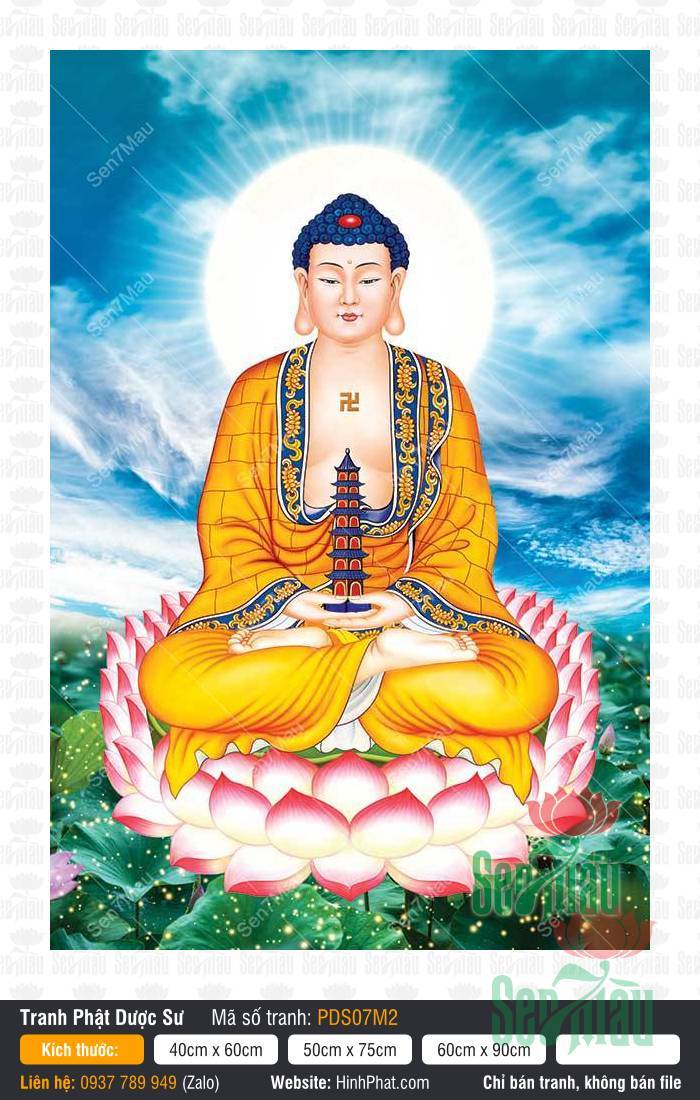 Dược Sư Lưu Ly Quang Vương Phật PDS07M2 Dược Sư Lưu Ly Quang Vương Phật PDS07M2 tay nâng bảo tháp ngự trên đài sen giữa trời mây