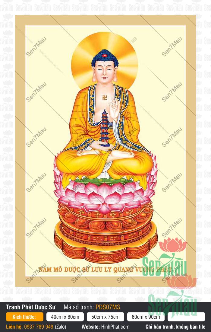 Hình Phật Dược Sư Chất Lượng Cao PDS07M3 Đức Phật tay nâng tháp báu ngự trên đài sen hồng