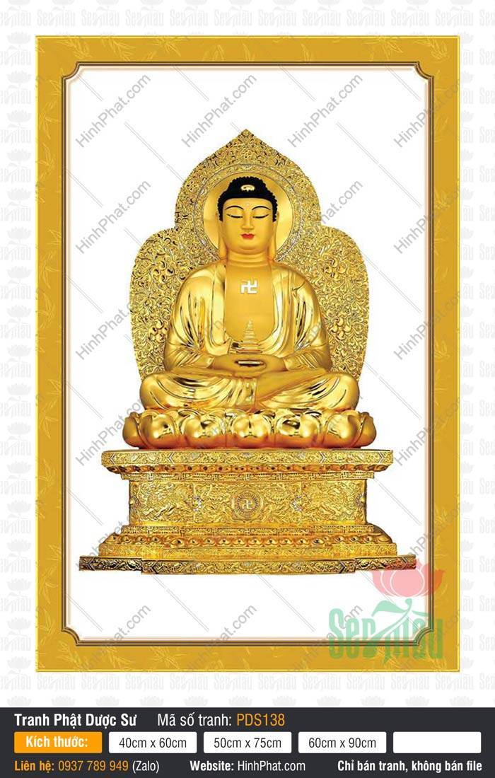 Hình Phật Dược Sư Chất Lượng Cao PDS138 Tôn tượng Phật Dược Sư dát vàng kim cầm tháp báu uy nghi trên đài sen vàng PDS138