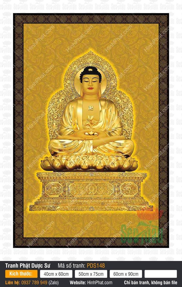 Hình Phật Dược Sư Chất Lượng Cao PDS148 Tôn tượng Hình Phật Dược Sư Chất Lượng Cao PDS148 dát vàng ngự trên đài sen nền hoa văn