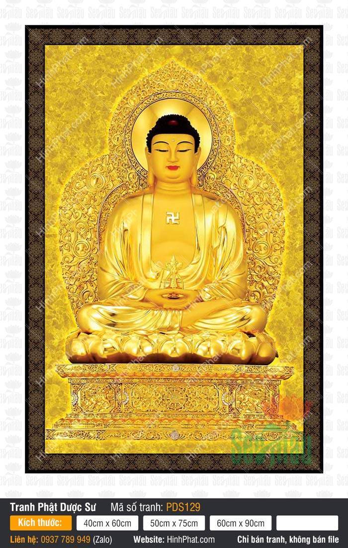 Hình Phật Dược Sư Đẹp PDS129 Tôn tượng Phật Dược Sư dát vàng kim cầm tháp báu trên tòa sen vàng rực rỡ PDS129