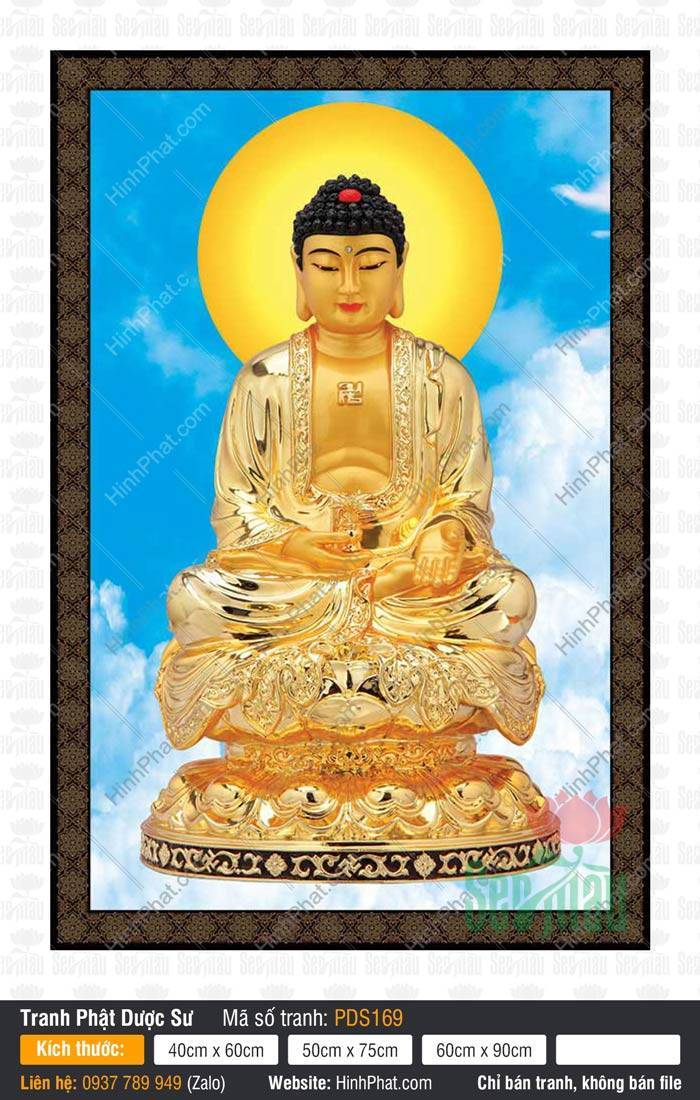 Hình Phật Dược Sư Đẹp PDS169 Hình Phật Dược Sư Đẹp PDS169 với kim thân sắc vàng kim ngự trên đài sen giữa trời mây