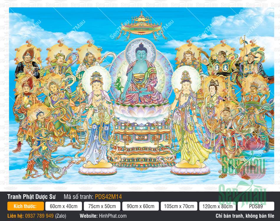 Hình Phật Dược Sư Đẹp PDS42M14 khắc họa hội thượng Medicine Buddha cùng các vị Thần Tướng hộ pháp
