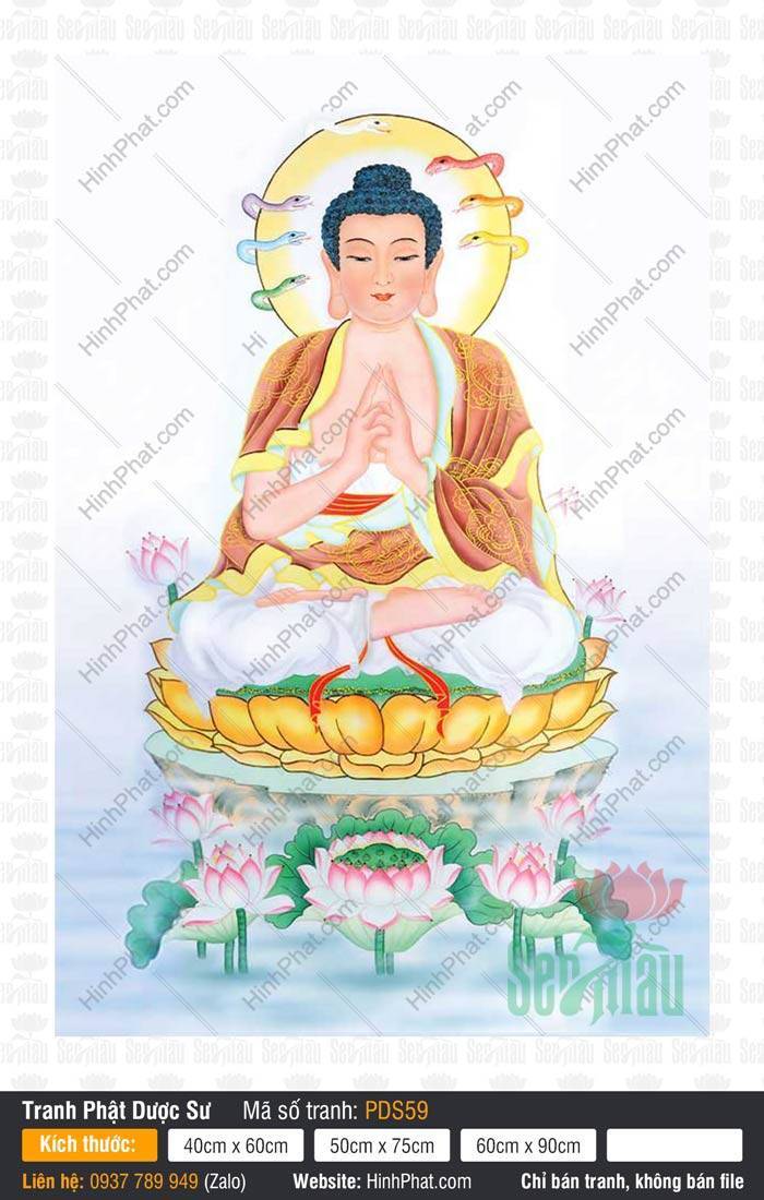 Hình Phật Dược Sư Đẹp PDS59 Hình Phật Dược Sư Đẹp PDS59 chắp tay ngự tòa sen vàng với hào quang naga nhiều màu