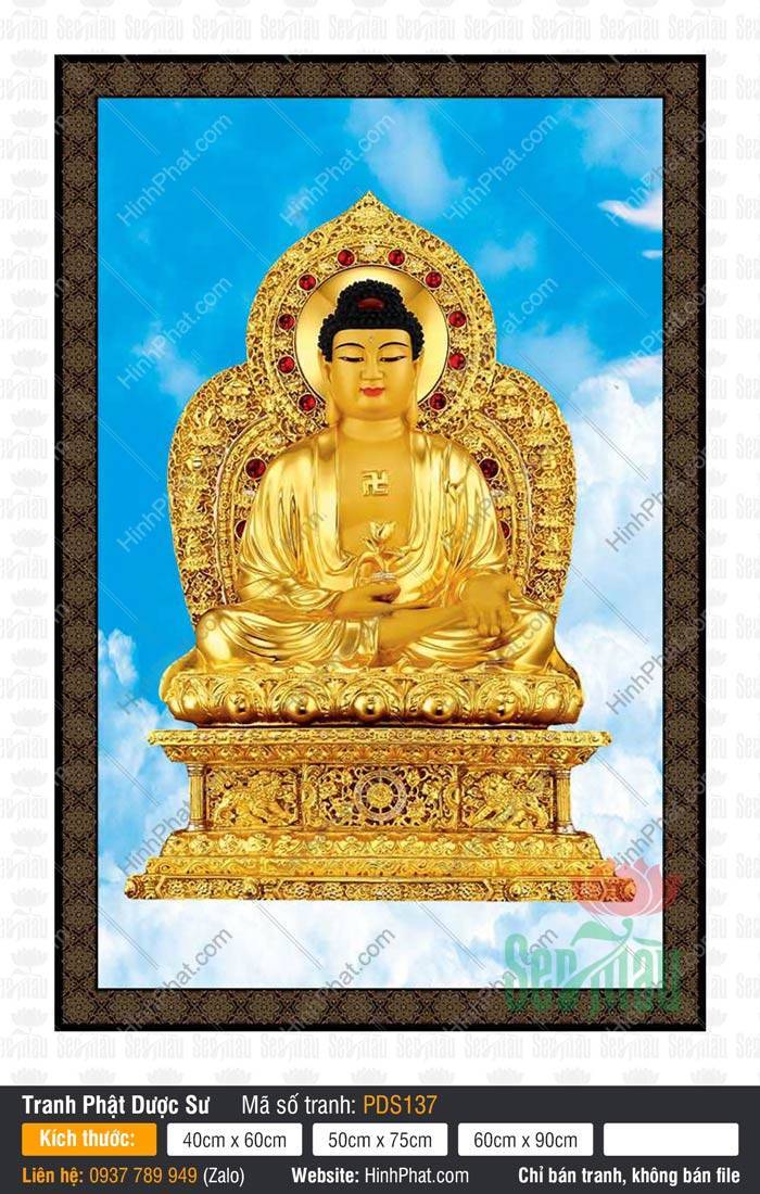 Hình Phật Dược Sư PDS137 Tôn tượng Hình Phật Dược Sư PDS137 dát vàng tay cầm linh thảo nền trời xanh mây trắng