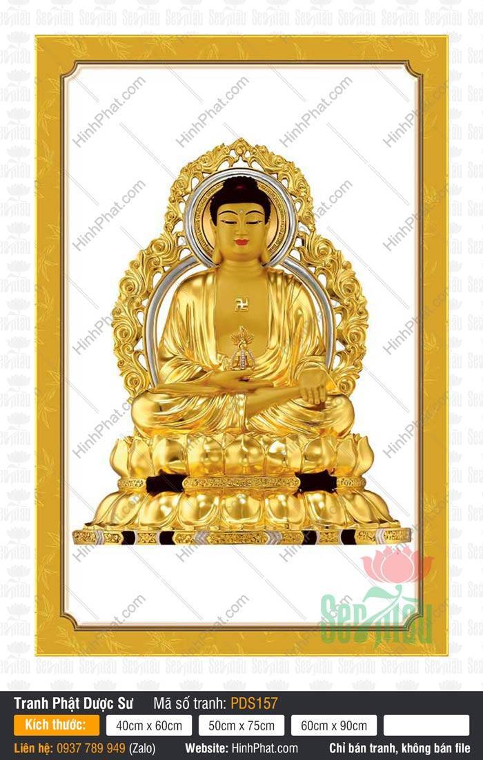 Hình Phật Dược Sư PDS157 Hình Phật Dược Sư PDS157 với tôn tượng màu vàng kim ngự trên đài sen báu rực rỡ