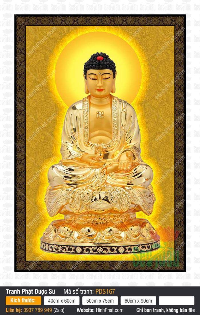 Hình Phật Dược Sư PDS167 Hình Phật Dược Sư PDS167 tôn tượng dát vàng ngự trên tòa sen vàng rực rỡ