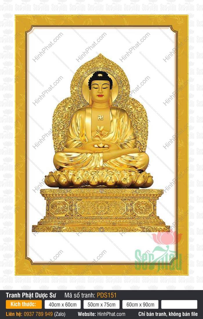 Phật Dược Sư PDS151 Tôn tượng Phật Dược Sư PDS151 dát vàng ngự trên đài sen bệ vuông chạm trổ nền trắng