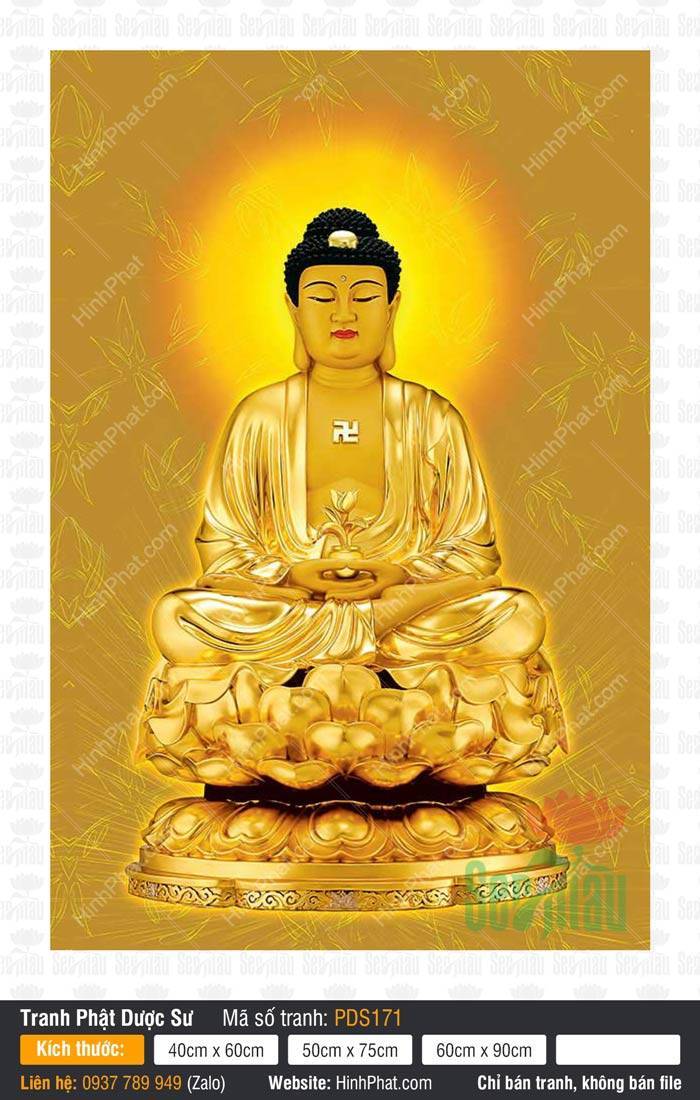 Phật Dược Sư PDS171 Phật Dược Sư PDS171 tôn tượng mạ vàng tọa thiền trên đài sen nâng nhành hoa dược