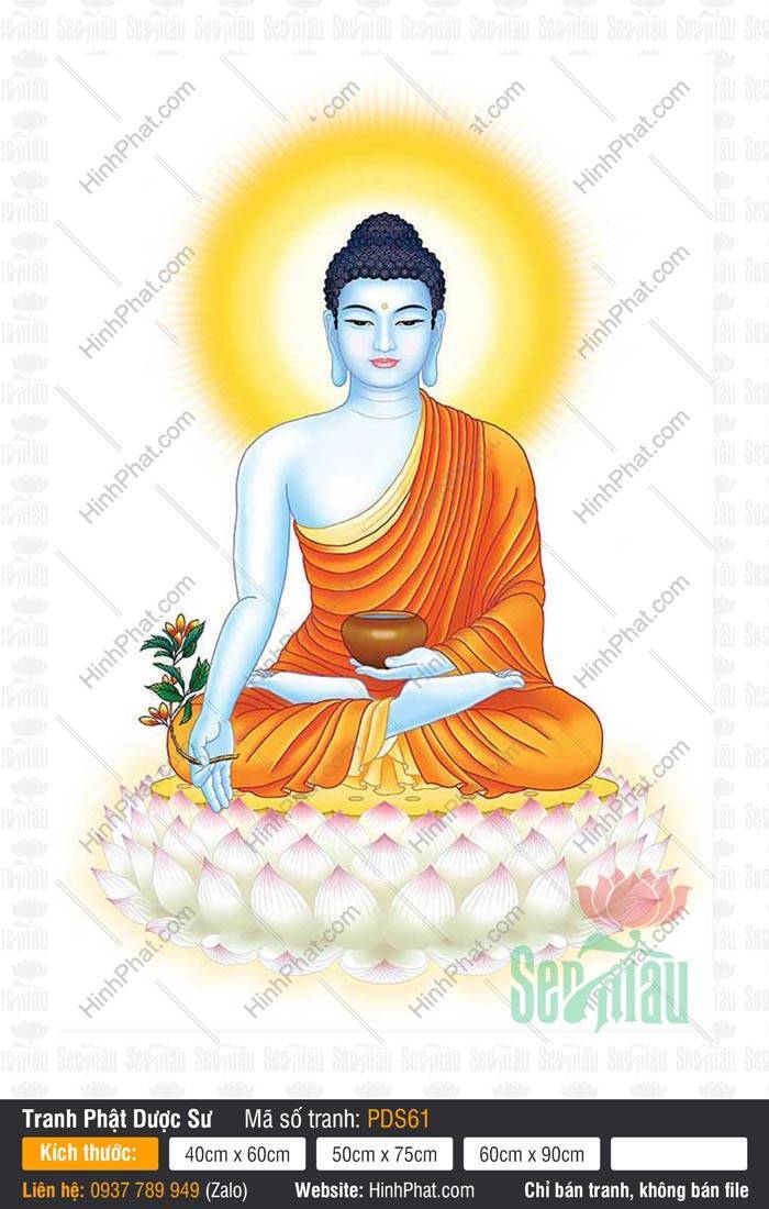 Phật Dược Sư PDS61 Phật Dược Sư PDS61 thân sắc xanh tọa đài sen trắng hồng cầm nhành cây thuốc