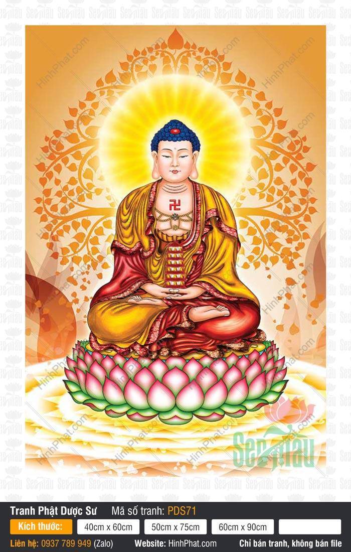 Phật Dược Sư PDS71 Đức Phật tọa thiền nâng bảo tháp dưới bóng cây bồ đề trong bức Phật Dược Sư PDS71