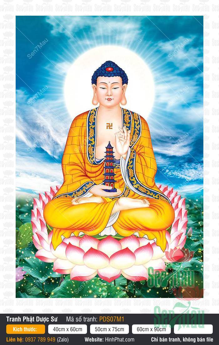 Tranh Phật Dược Sư Đẹp PDS07M1 Tranh Phật Dược Sư Đẹp PDS07M1 mô tả Ngài nâng bảo tháp ngồi trên tòa sen giữa mây trời