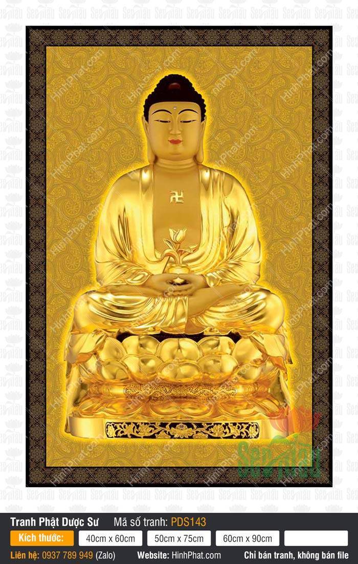 Tranh Phật Dược Sư Đẹp PDS143 Tranh Phật Dược Sư Đẹp PDS143, Phật Dược Sư tay nâng bình thuốc trên tòa sen vàng rực