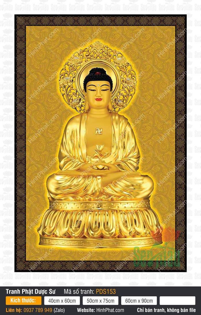 Tranh Phật Dược Sư Đẹp PDS153 Tranh Phật Dược Sư Đẹp PDS153 họa hình tượng vàng tọa trên đài sen uy nghi