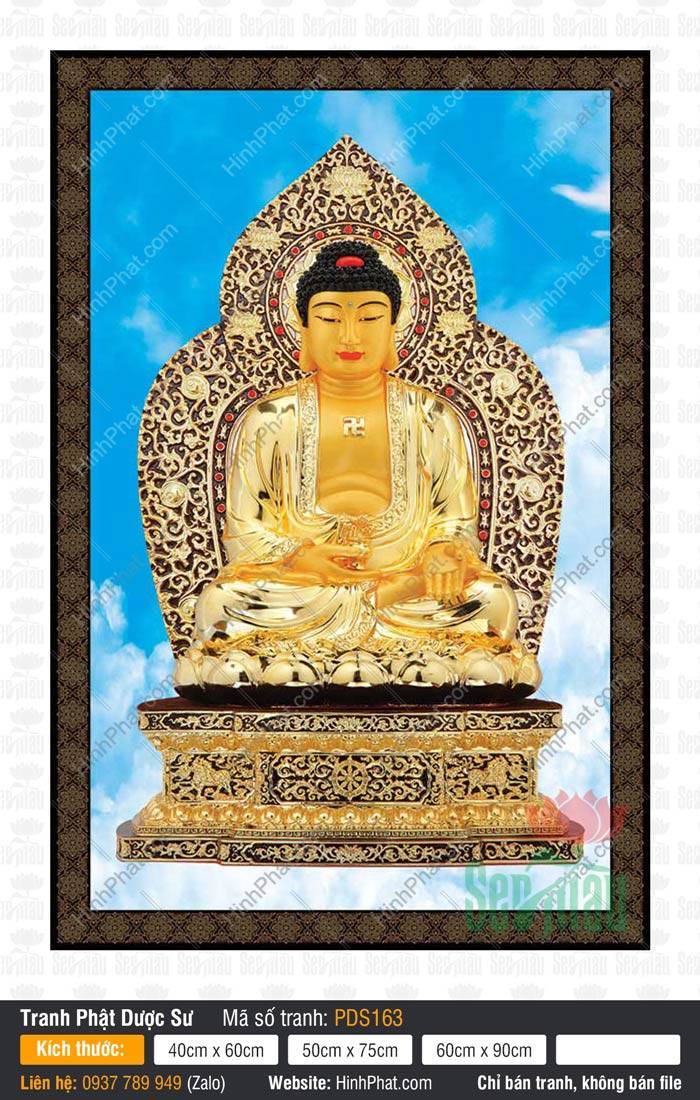 Tranh Phật Dược Sư Đẹp PDS163 Tranh Phật Dược Sư Đẹp PDS163 kim thân tỏa sáng trên tòa sen báu giữa trời mây