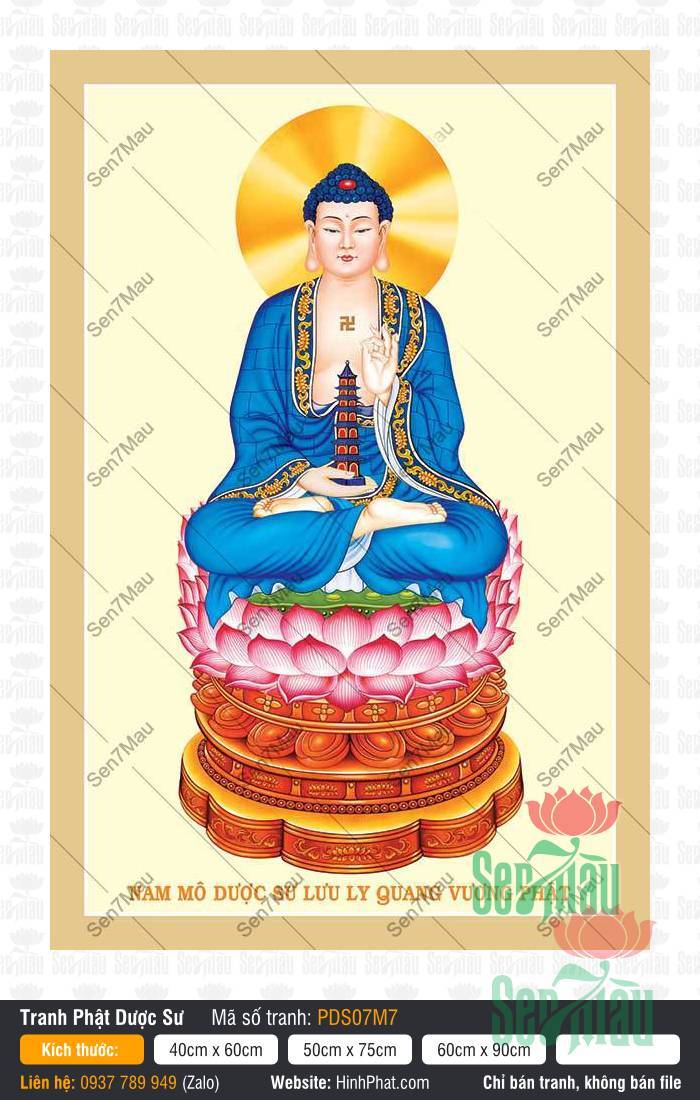 Tranh Phật Dược Sư PDS07M7 Tranh Phật Dược Sư PDS07M7 y phục màu xanh lưu ly cầm bảo tháp trên đài sen hồng