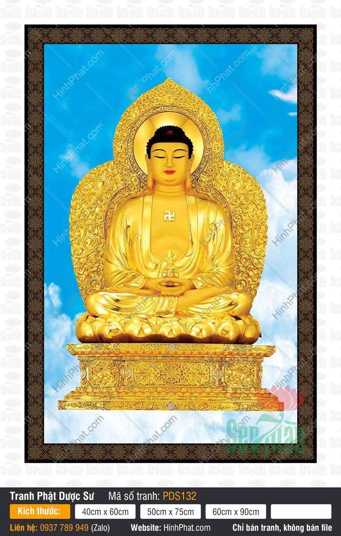 Tranh Phật Dược Sư PDS132 Tôn tượng Phật Dược Sư dát vàng kim cầm bảo tháp ngự đài sen trên nền trời xanh PDS132