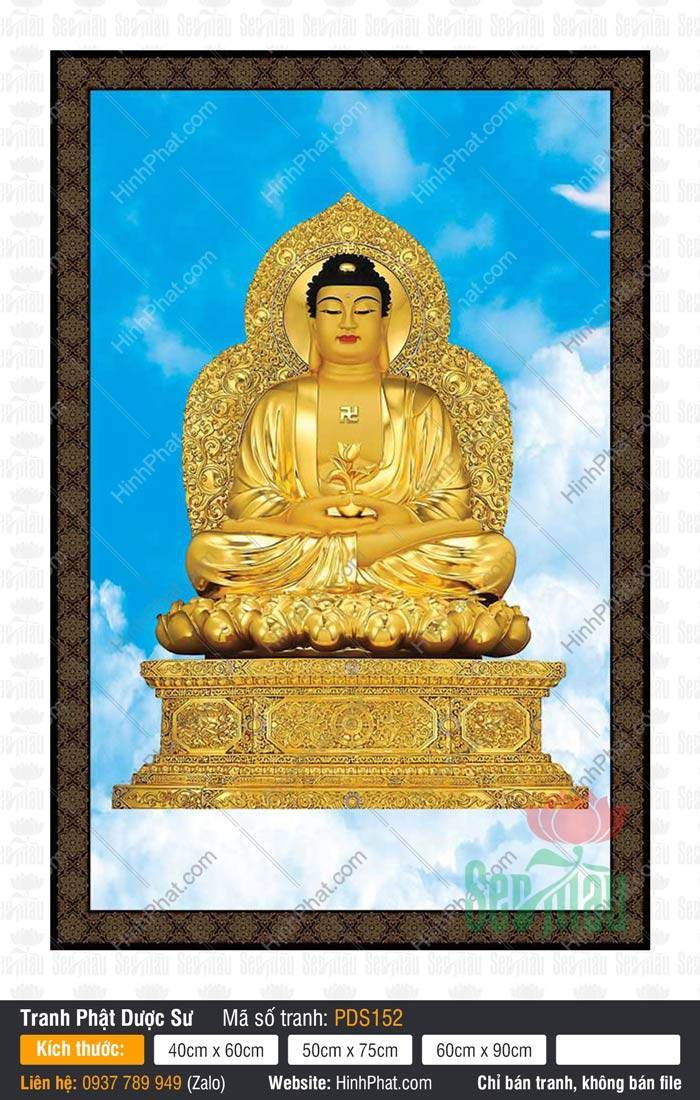 Tranh Phật Dược Sư PDS152 Tranh Phật Dược Sư PDS152 toàn thân dát vàng tay nâng nhành dược thảo trên tòa sen