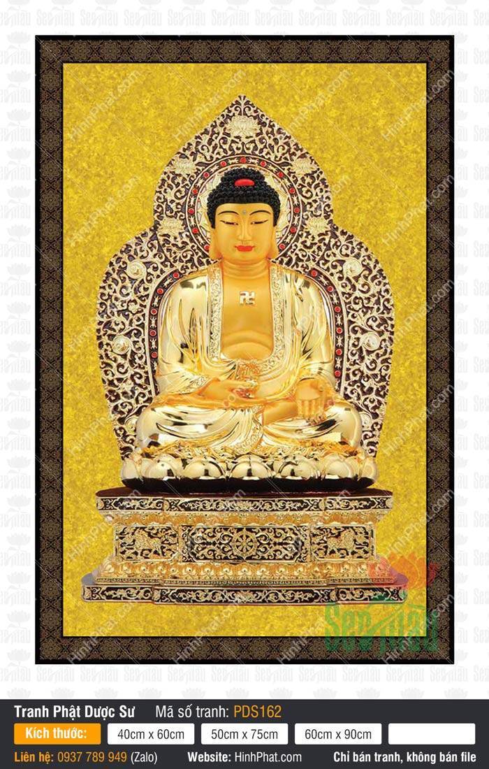 Tranh Phật Dược Sư PDS162 Tranh Phật Dược Sư PDS162 tôn tượng vàng kim tọa bệ vuông chạm khắc tinh xảo