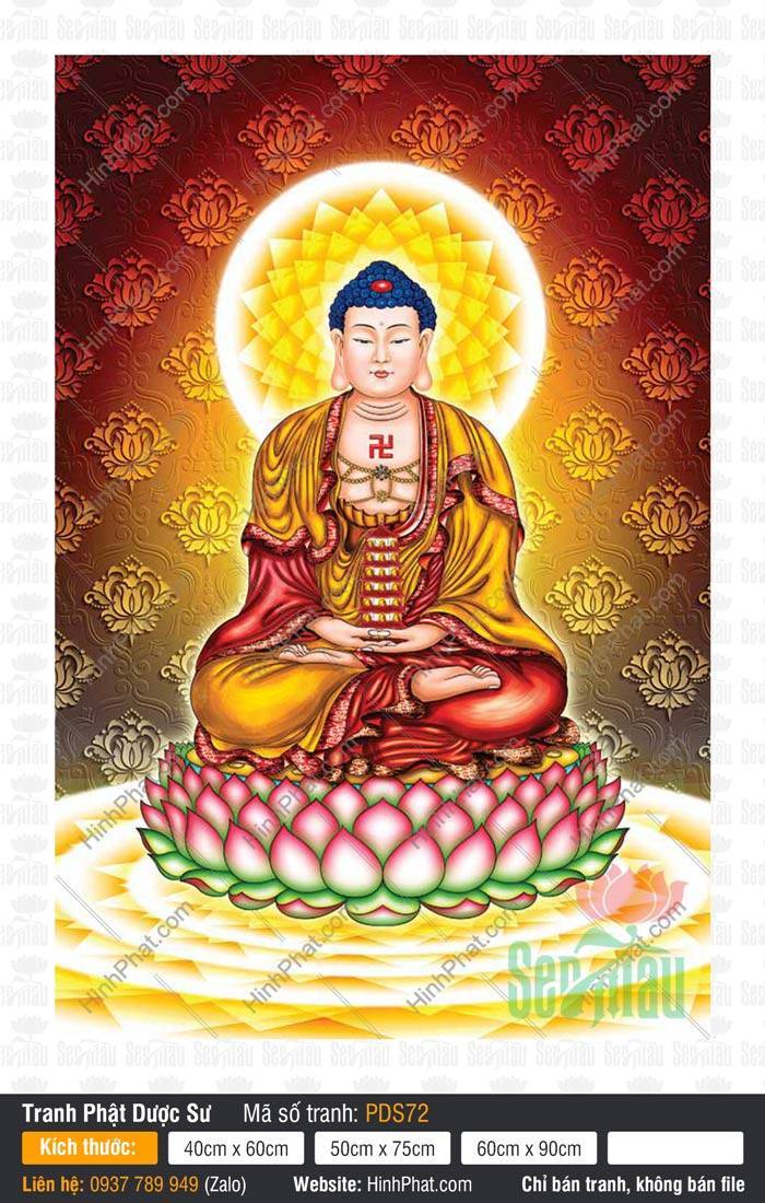 Tranh Phật Dược Sư PDS72 Tranh Phật Dược Sư PDS72 tôn tượng tọa thiền kiết già trên đài sen hồng hào quang rực rỡ