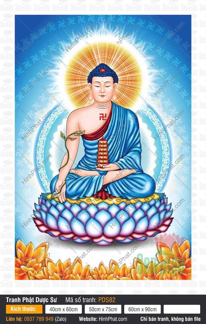 Tranh Phật Dược Sư PDS82 Tranh Phật Dược Sư PDS82 Đức Phật y xanh lưu ly cầm dược thảo ngự tòa sen hồng lam rực rỡ
