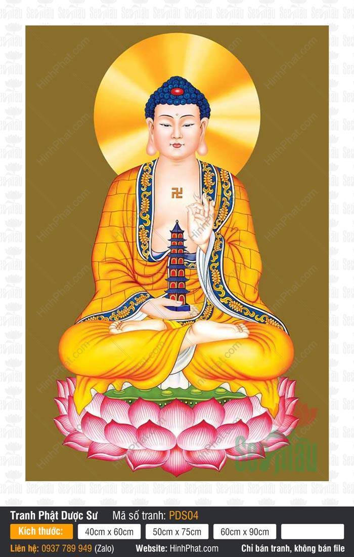 Đức Phật Dược Sư PDS04 Đức Phật Dược Sư PDS04 cầm tháp lưu ly xanh ngự trên đài sen hồng rực rỡ