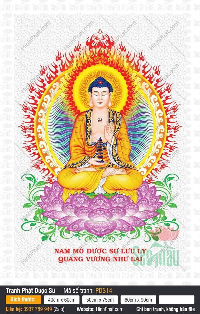 Đức Phật Dược Sư PDS14 Đức Phật Dược Sư PDS14 ngự tòa sen tím tay nâng bảo tháp xanh giữa hào quang lửa