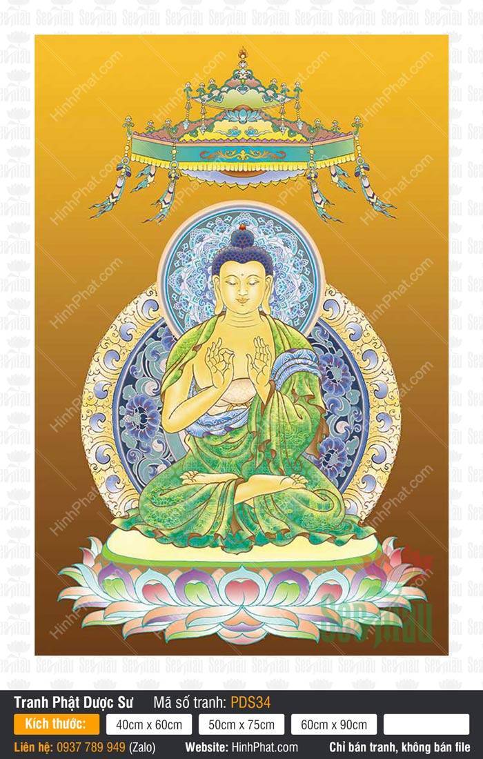 Đức Phật Dược Sư PDS34 Đức Phật Dược Sư PDS34, Ngài ngồi kiết già thanh tịnh dưới bảo lọng giữa hào quang rực rỡ
