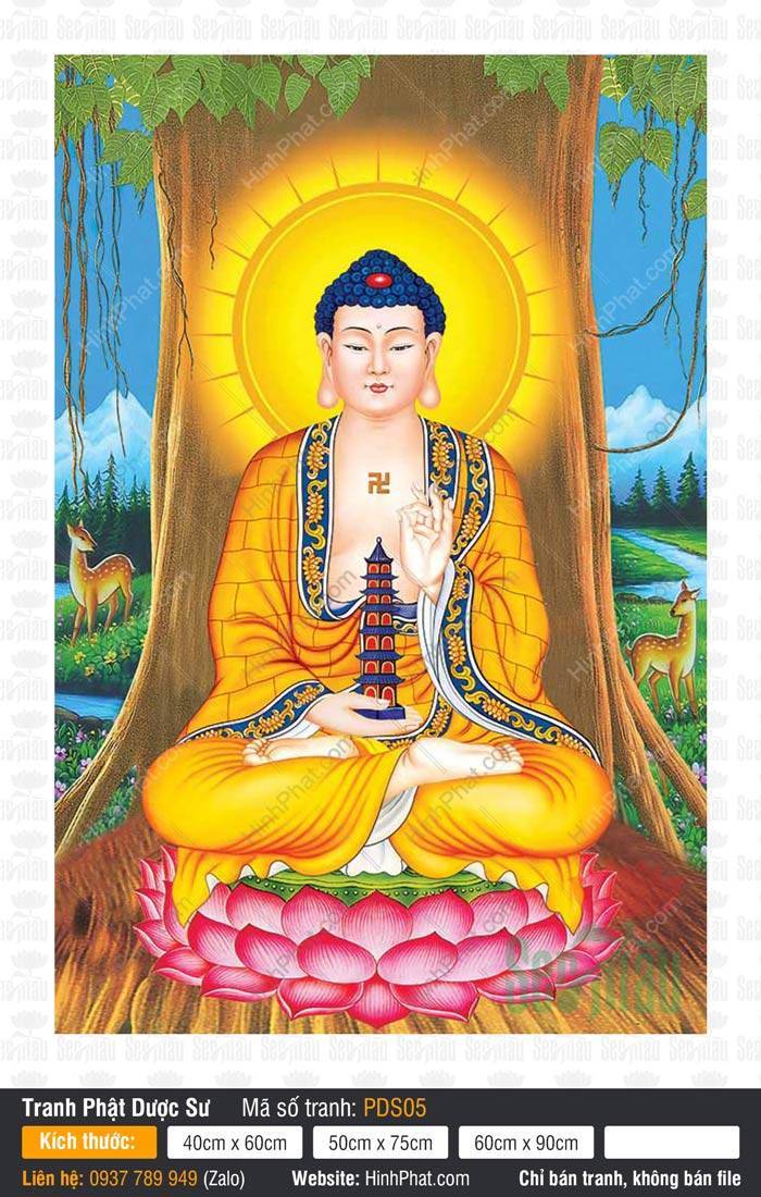 Dược Sư Lưu Ly Quang Như Lai PDS05 Dược Sư Lưu Ly Quang Như Lai PDS05 ngự gốc Bồ Đề tay cầm bảo tháp báu trên tòa sen
