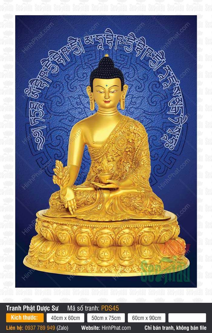 Dược Sư Lưu Ly Quang Như Lai PDS45 Dược Sư Lưu Ly Quang Như Lai PDS45 thân vàng nhũ bóng trên nền xanh thẳm kèm thần chú