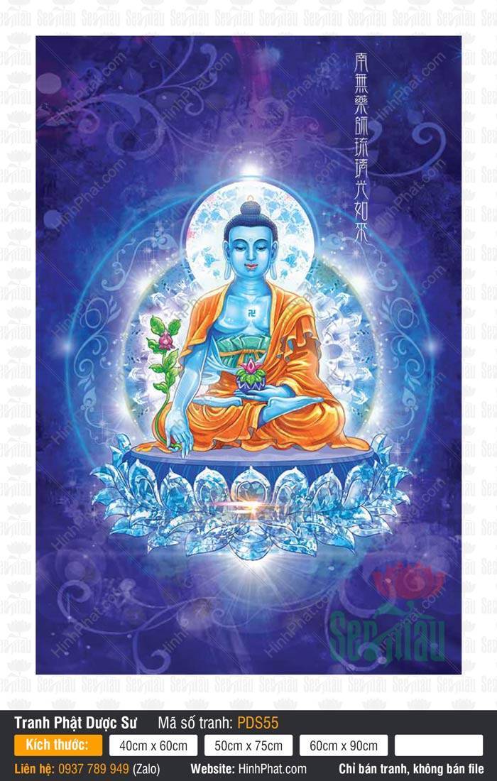 Dược Sư Lưu Ly Quang Như Lai PDS55 Dược Sư Lưu Ly Quang Như Lai PDS55 thân xanh lưu ly ngự trên tòa sen pha lê xanh lấp lánh