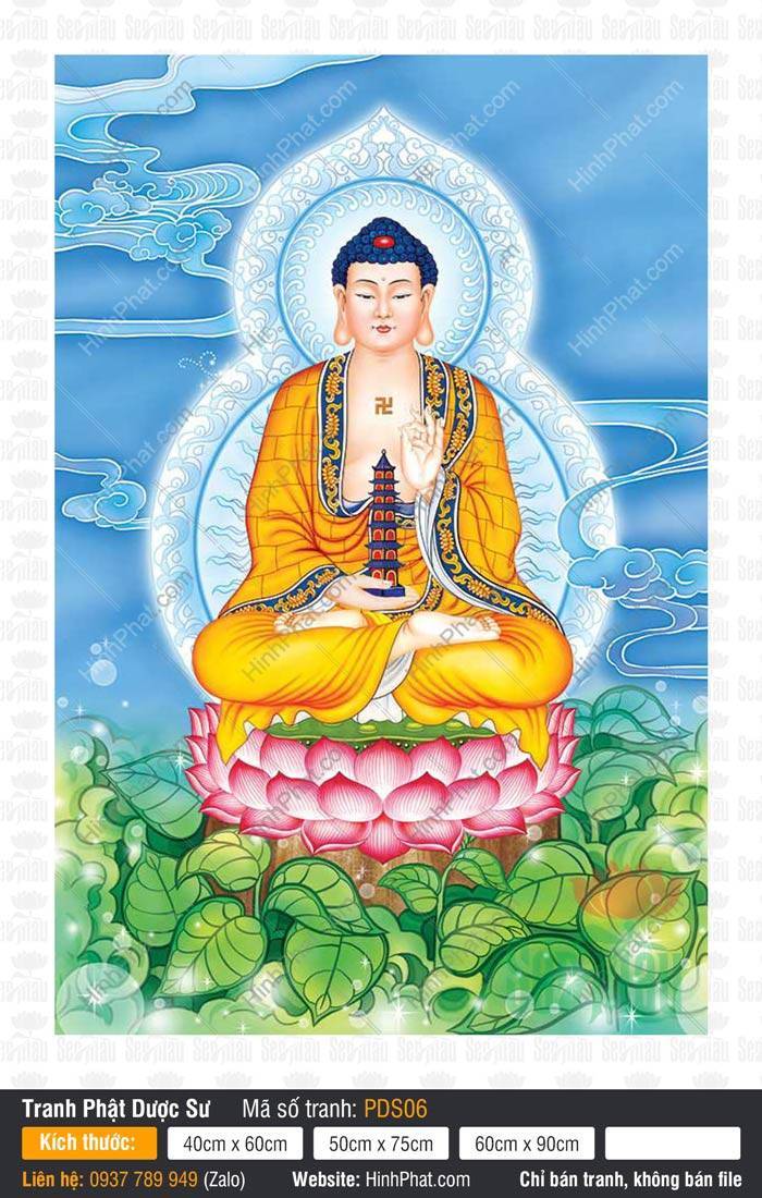 Dược Sư Lưu Ly Quang Vương Phật PDS06 Dược Sư Lưu Ly Quang Vương Phật PDS06 Ngài tọa tòa sen hồng nâng tháp báu nền mây xanh